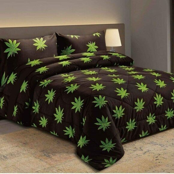  Pot Leaf KING Sheet Set Black Green Doobie Joint Grass Hippie Vibe - Picture 1 of 5